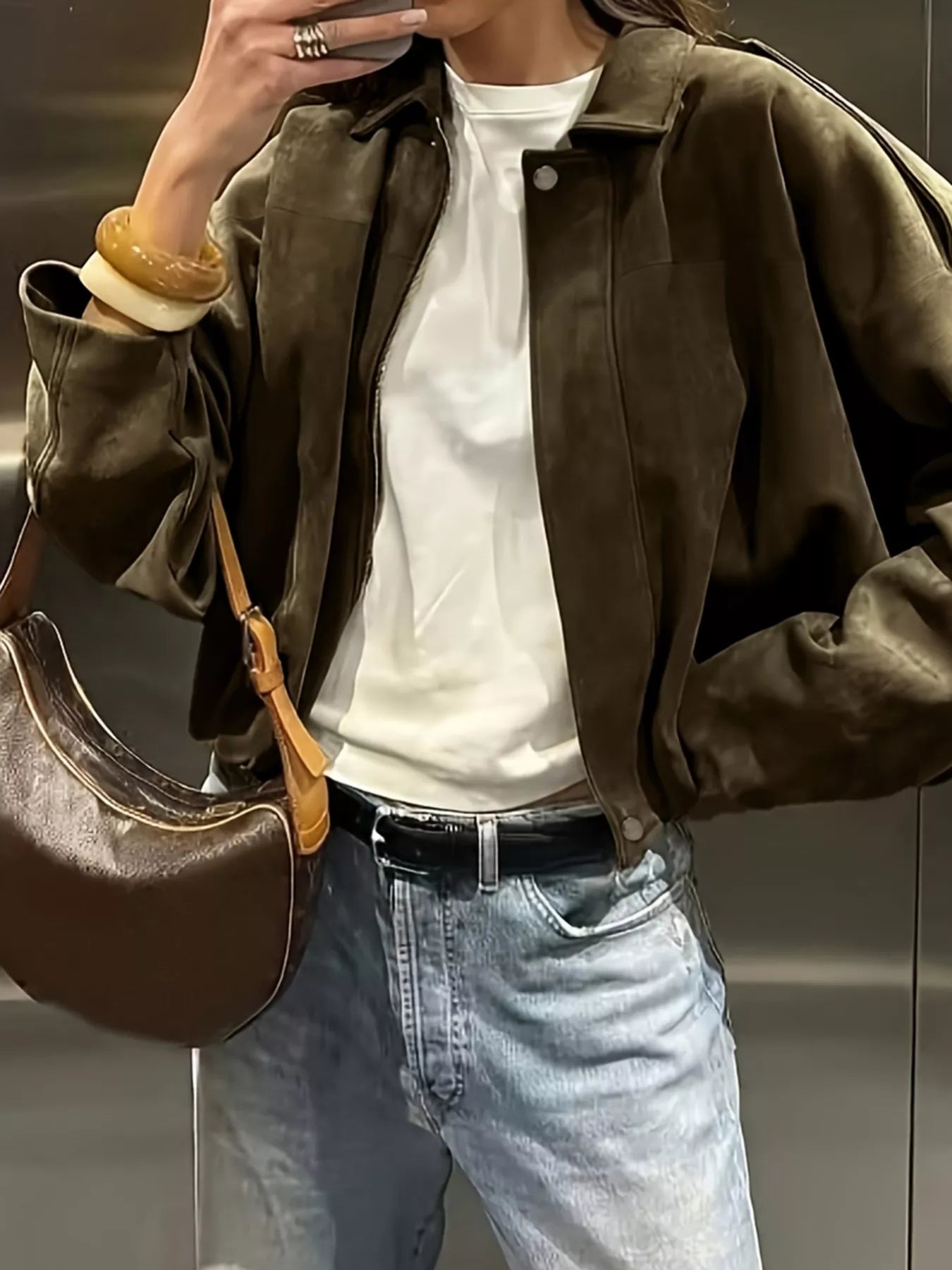 Women's Cropped Olive Green Suede Bomber Jacket