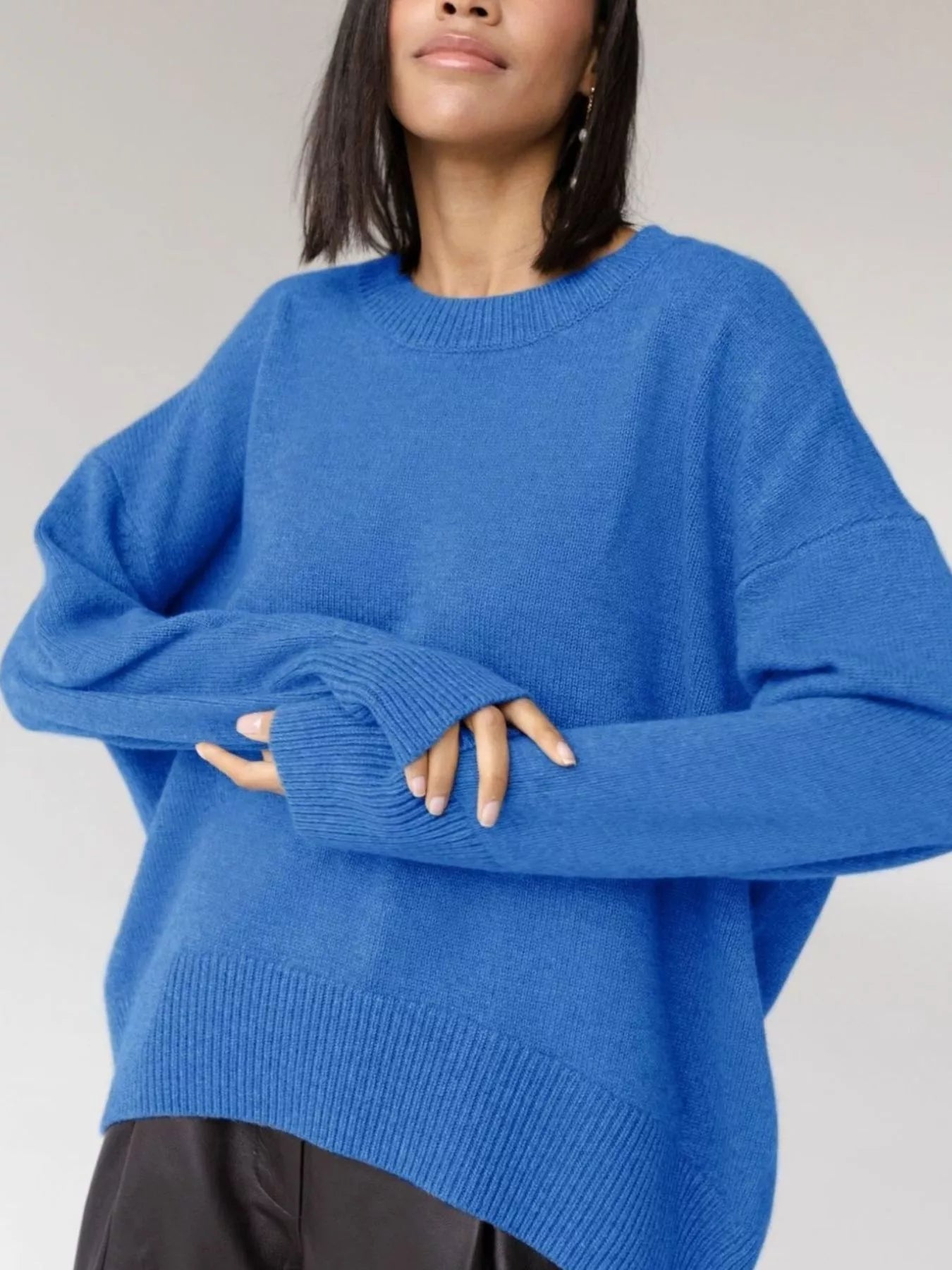 Women's Royal Blue Round Neck Ribbed Hem Long Sleeve Sweater