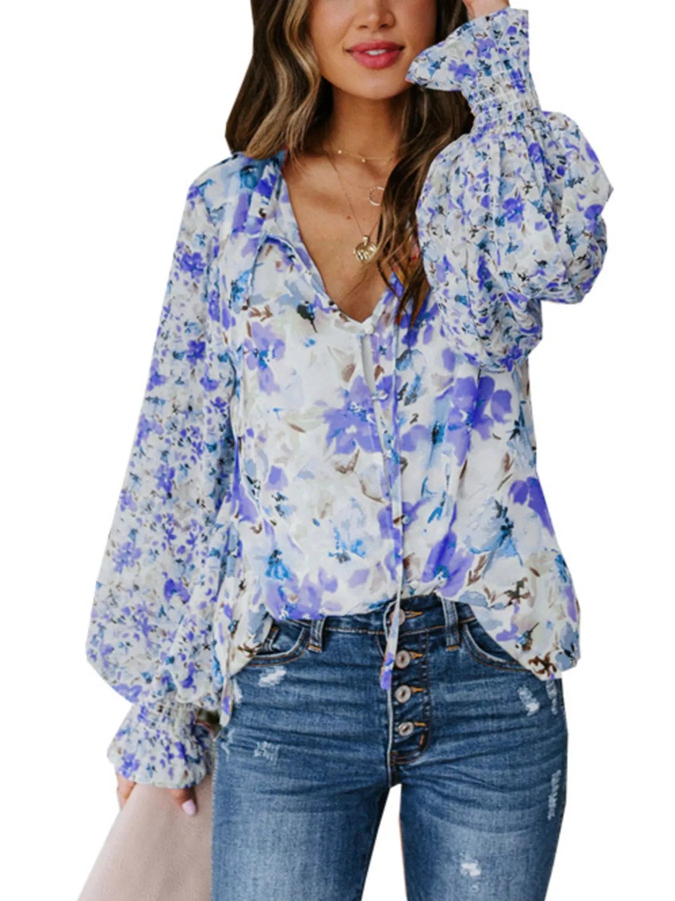 Full Size Floral Print Smocked Cuff Blouse Plus Size