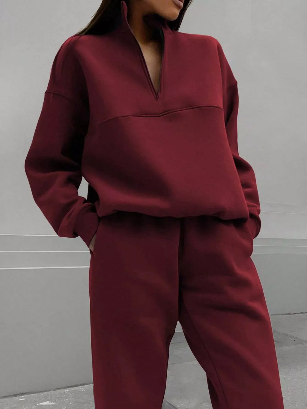 Women's Half Zip Sweatshirt & Pants Set - Grey Knit