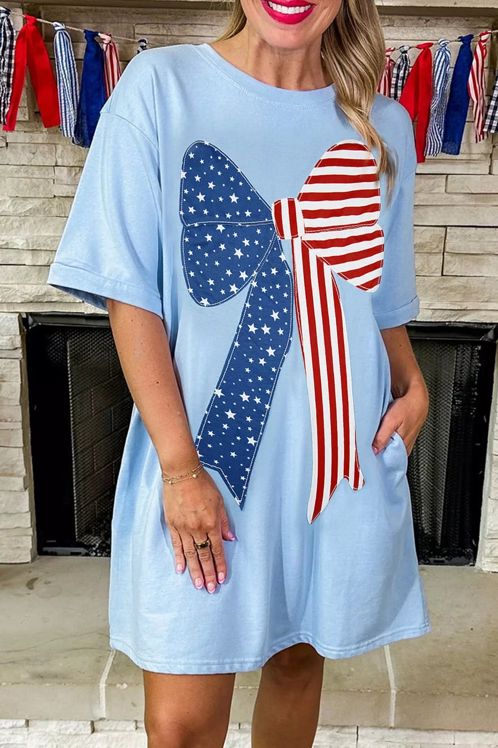 Light Blue Patriotic Bow Graphic T-Shirt Mini Dress