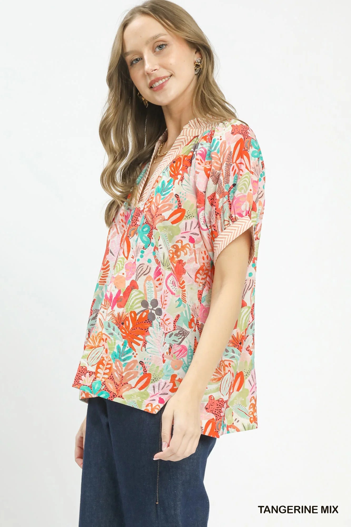 Women's Boho V-Neck Cotton Top Abstract Print