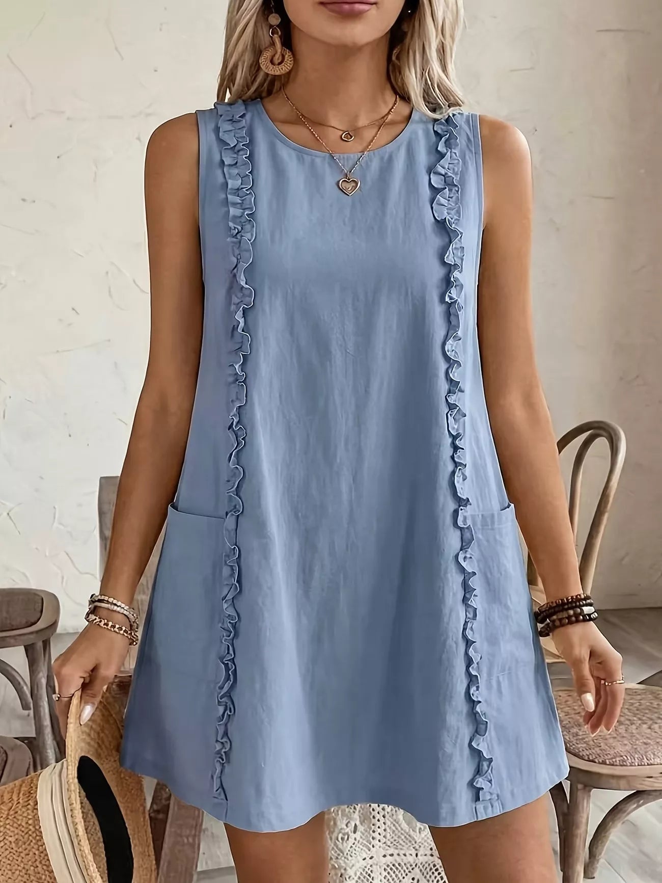 Frill Sleeveless Round Neck Dress