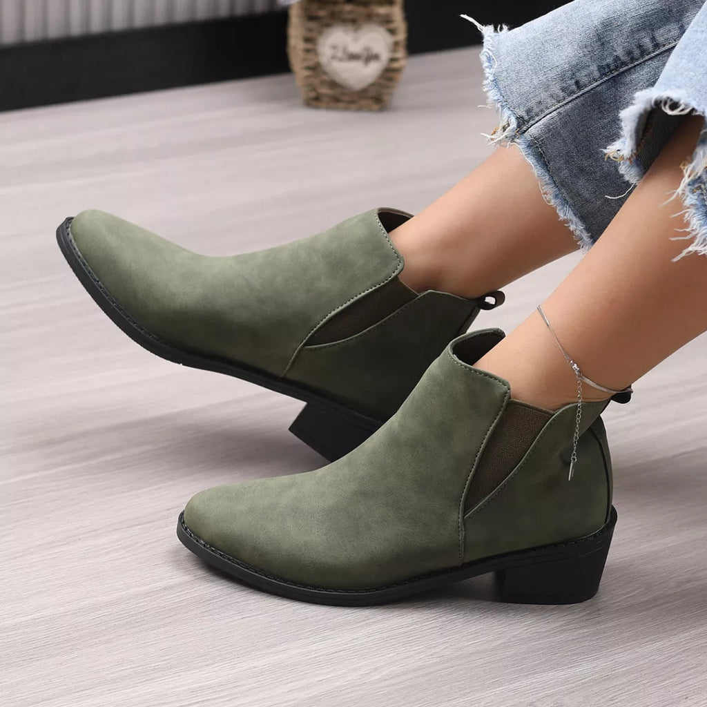 Women's Black Point Toe Mid Block Heel Ankle Boots