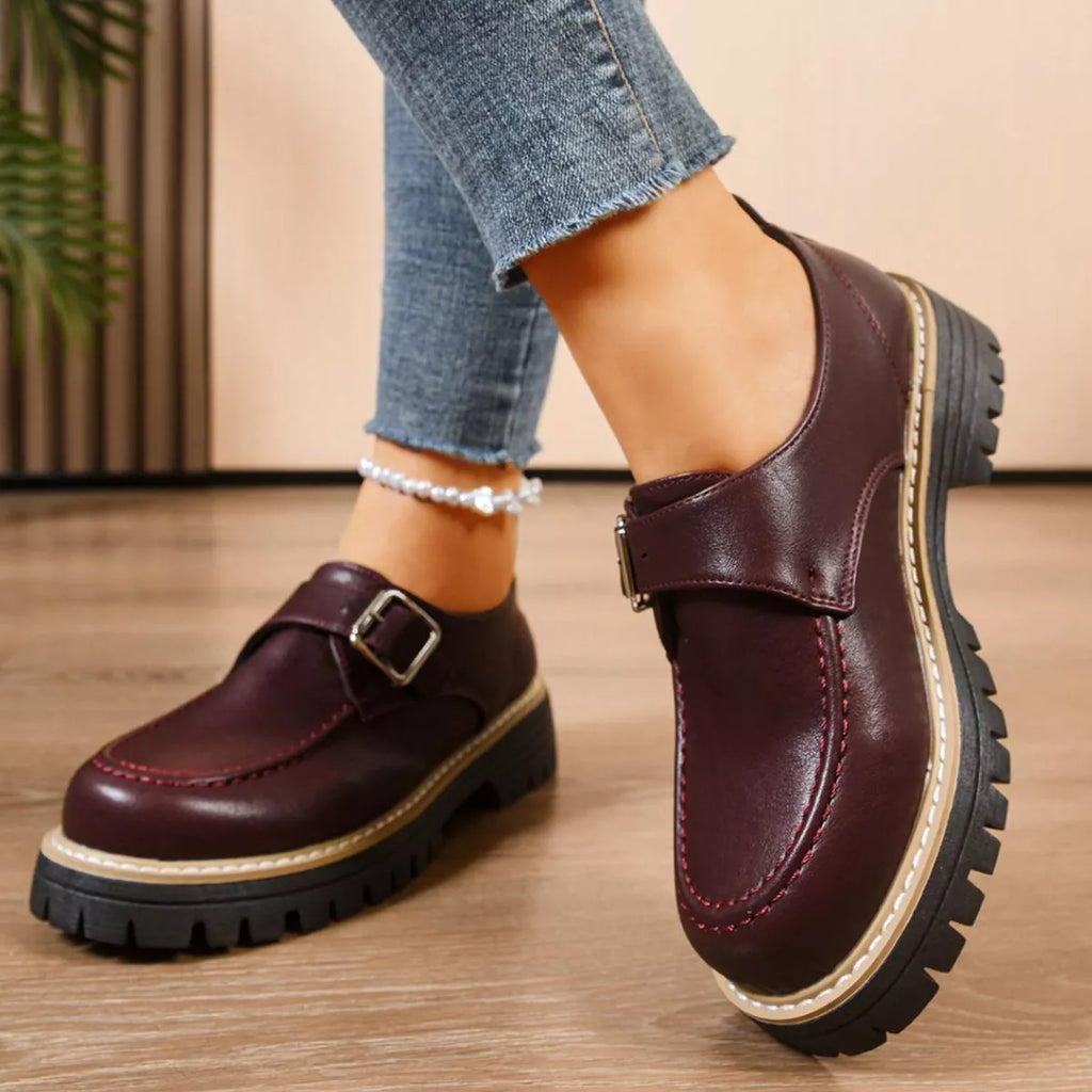 Women's Burgundy Round Toe Buckle Loafers Mid Heel Casual Shoes