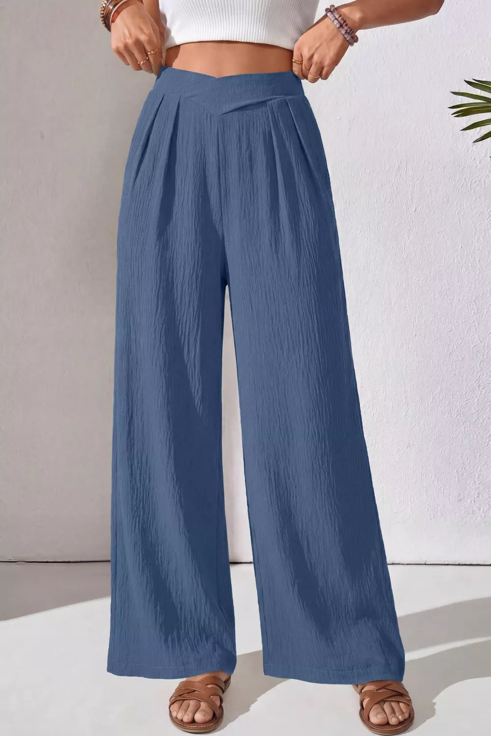 Blue Textured High Waist Wide Leg Pants with Pockets