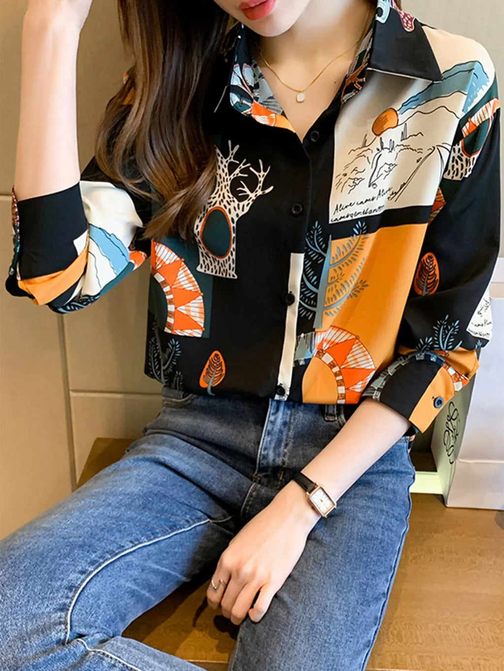 Women's Eclectic Abstract Print Long Sleeve Button-Up Blouse