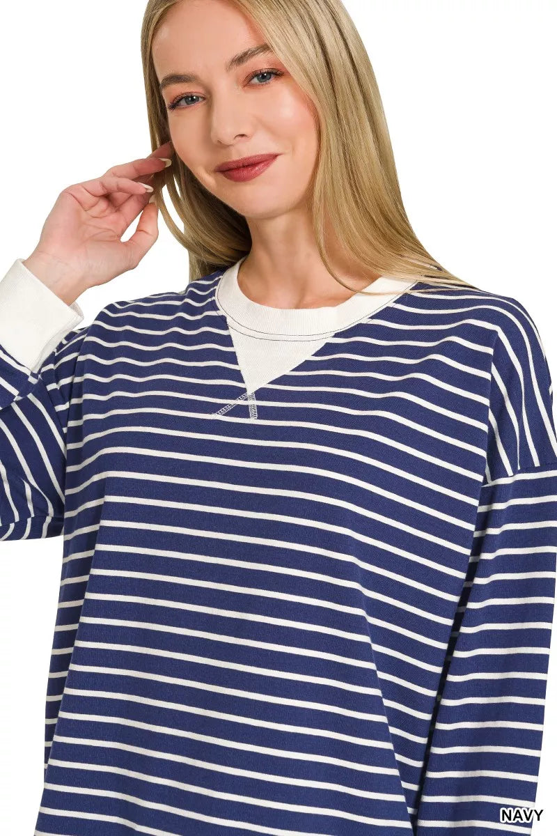 Zenana Contrast Striped Sweatshirt - Crew Neck