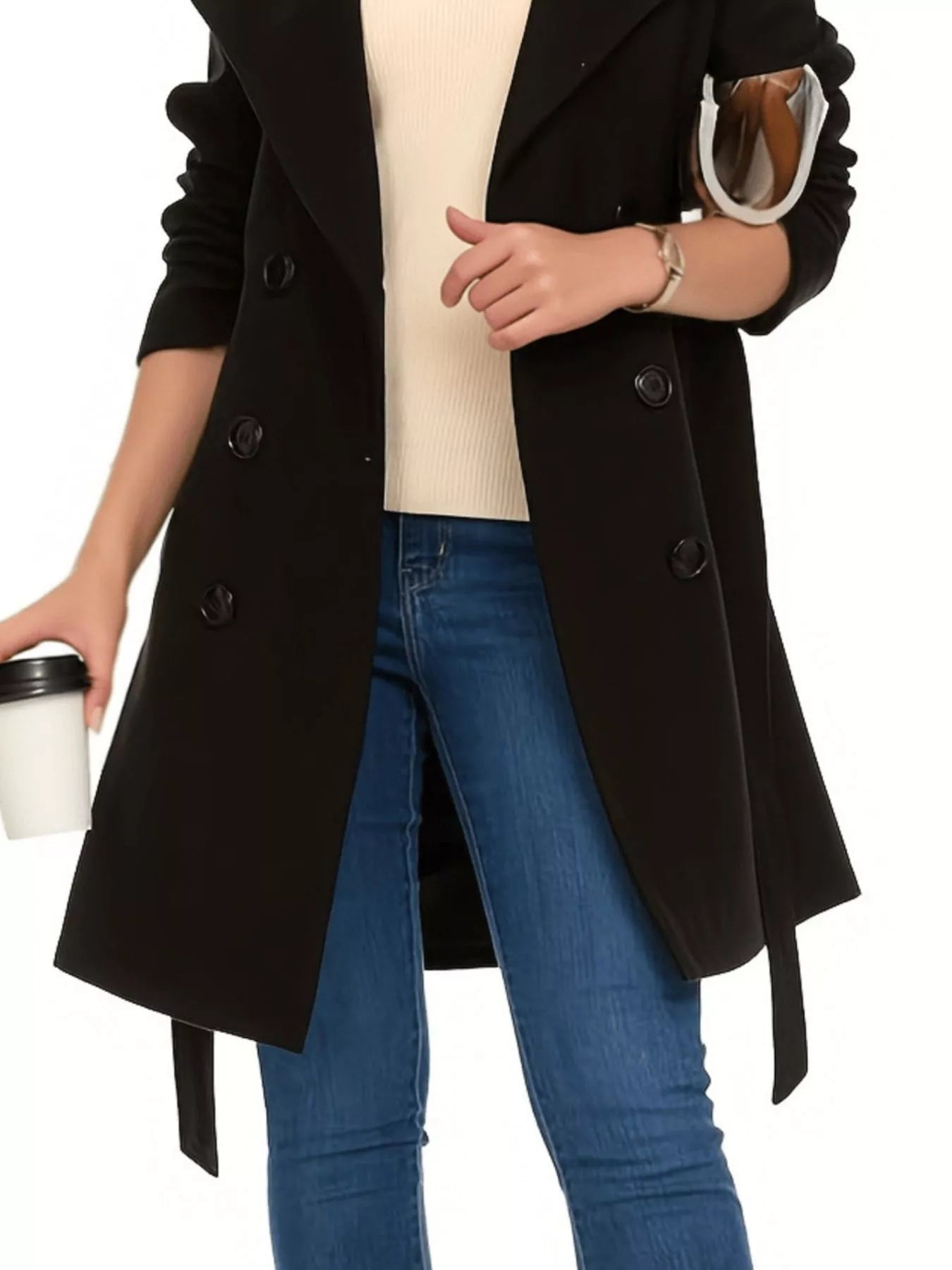 Women's Olive Double Breasted Belted Coat with Long Sleeves