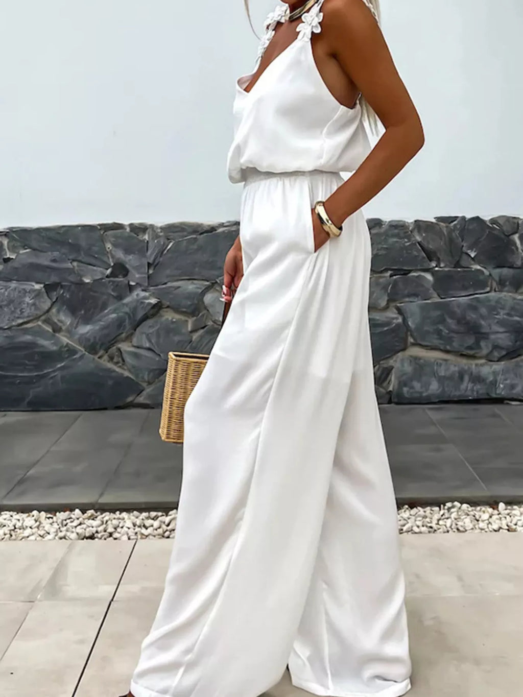 Red Floral Applique V-Neck Sleeveless Wide Leg Jumpsuit