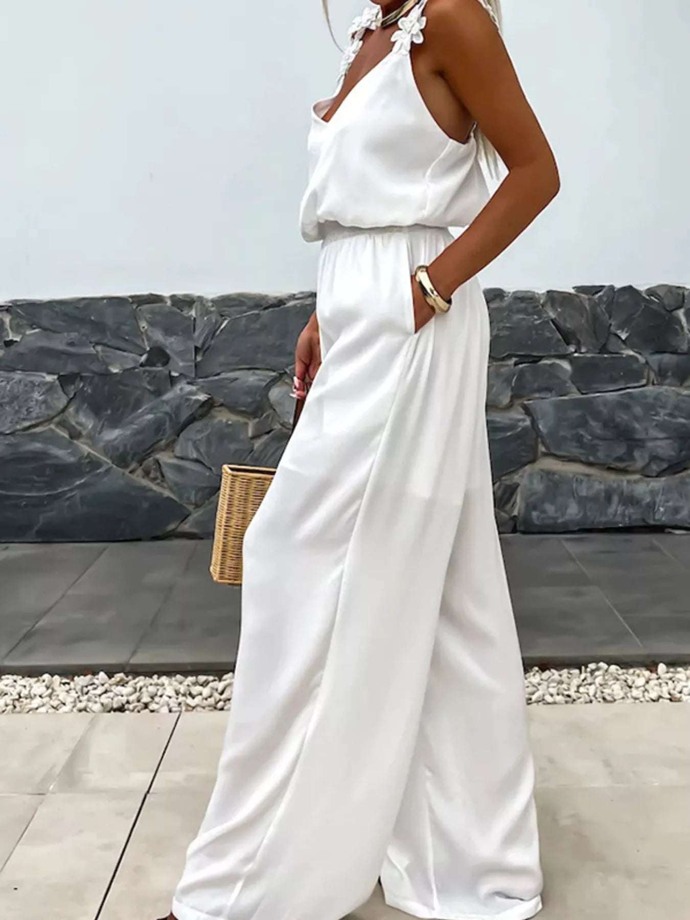 Red Floral Applique V-Neck Sleeveless Wide Leg Jumpsuit