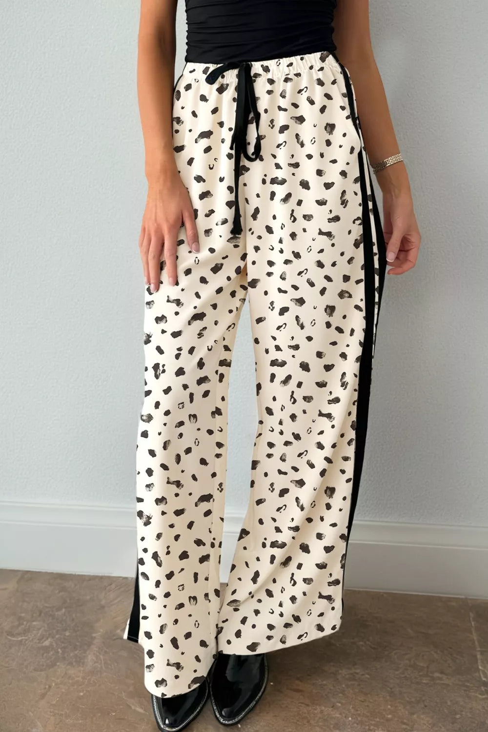 Leopard Print Drawstring Pants with Black Side Stripe Detail