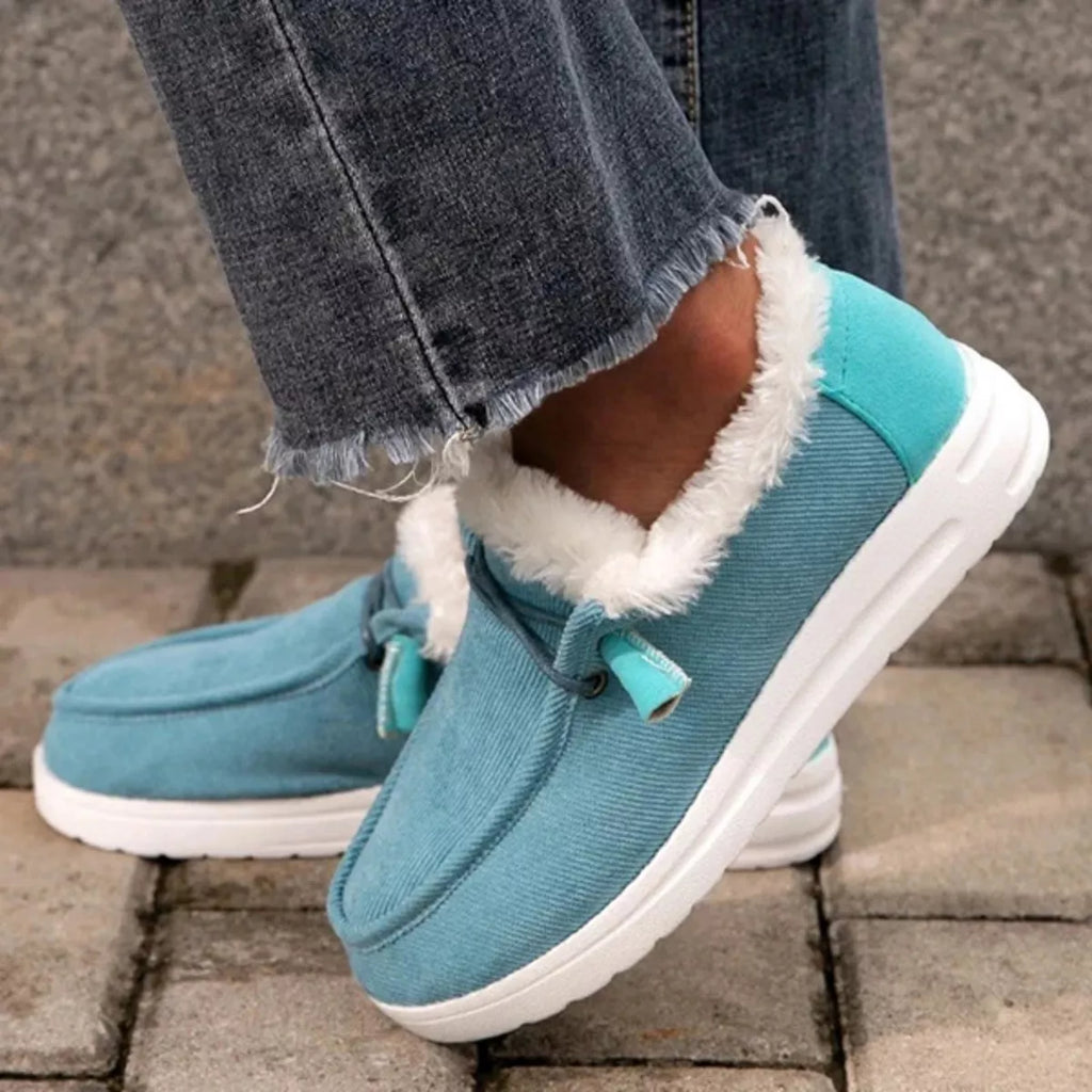 Women's Fuzzy Lined Corduroy Slip-On Casual Flats in Blue
