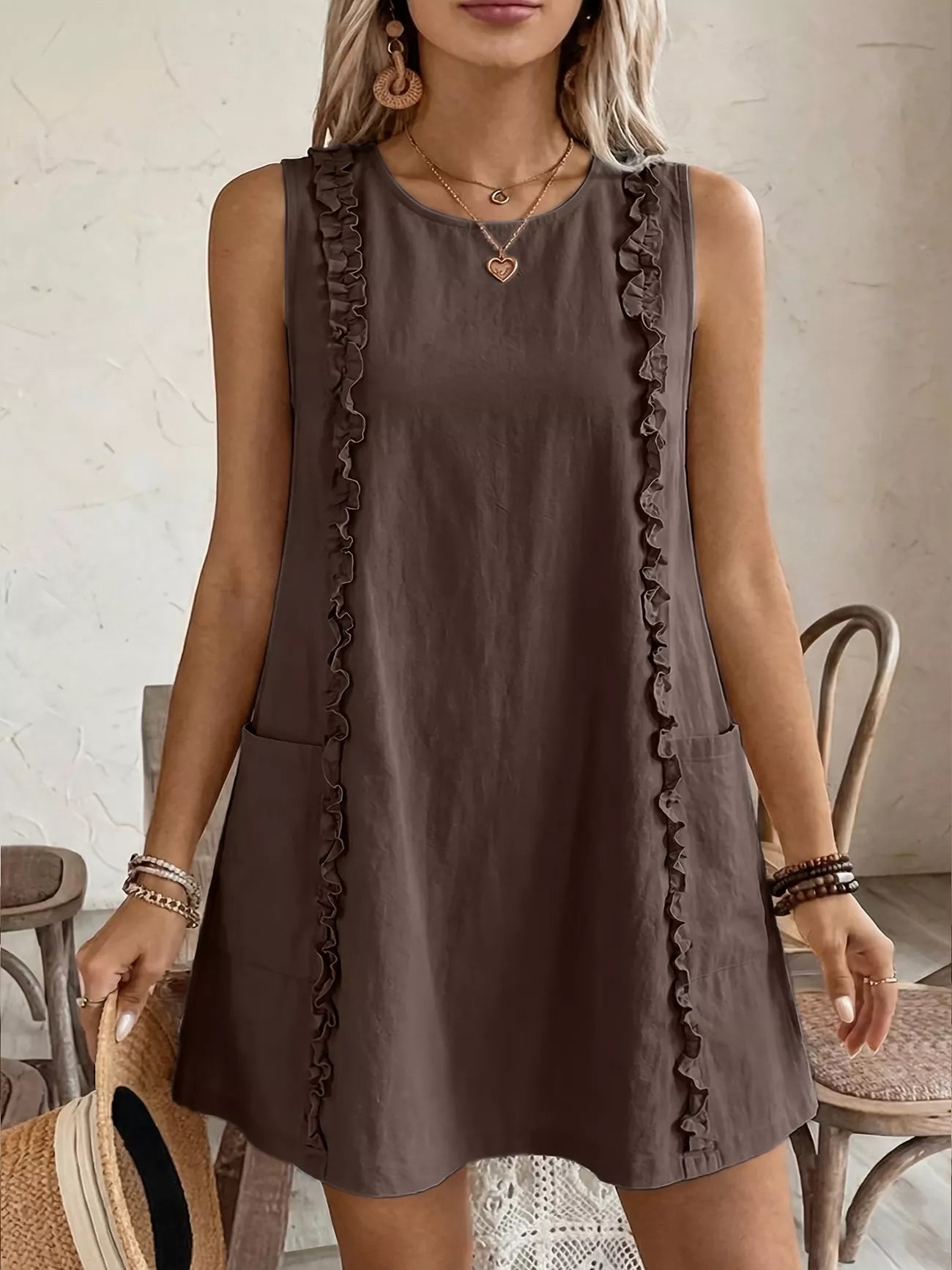 Frill Sleeveless Round Neck Dress