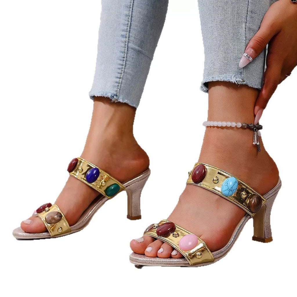 Women's Open Toe Block Heel Sandals in Gold & Leather