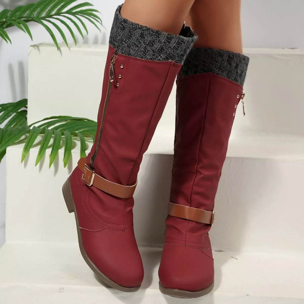 Women Black Suede Mid-Calf Boots with Knit Cuff and Buckle Detail