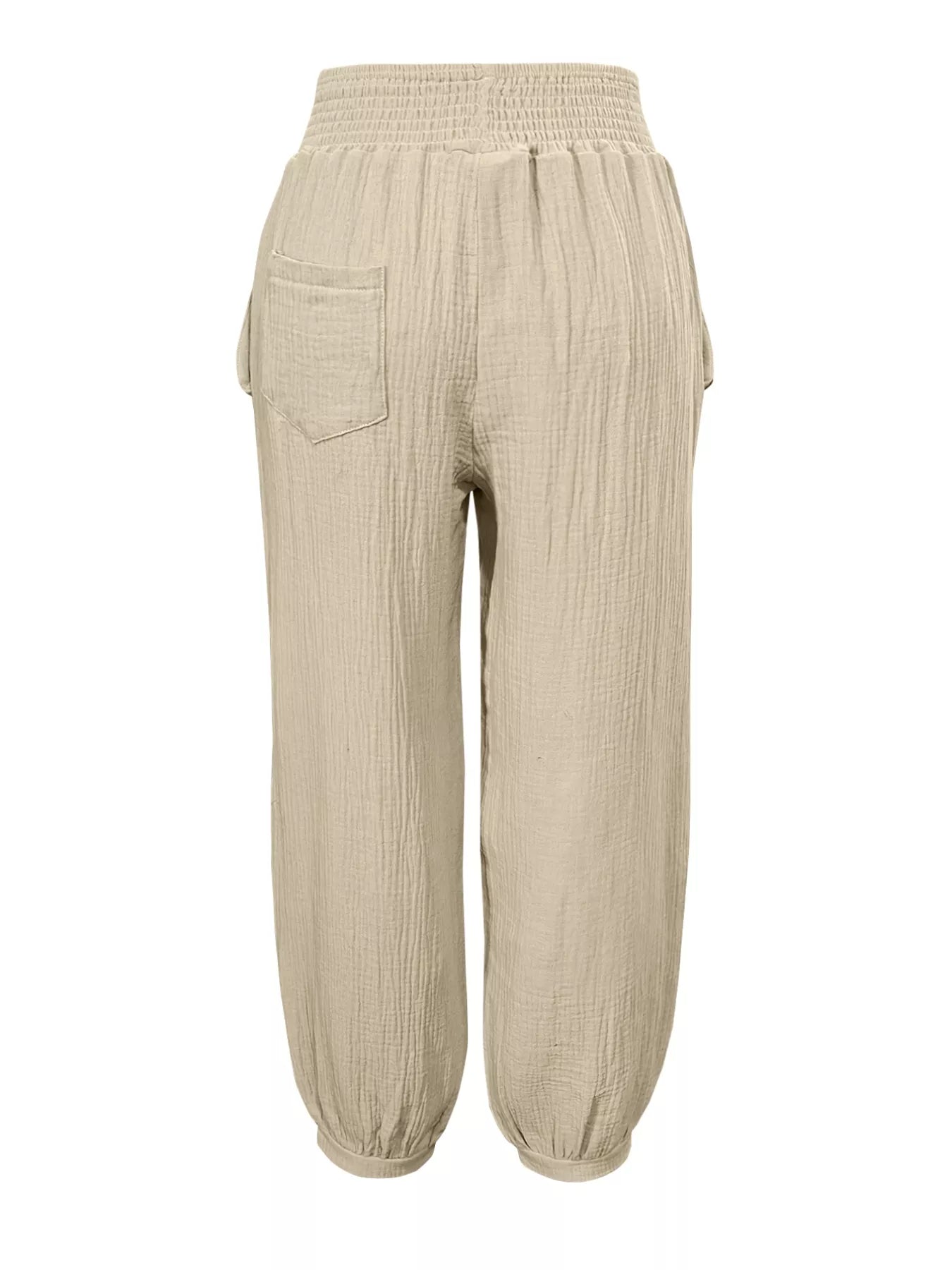 Women's Beige Textured Smocked Waist Casual Pants with Pockets