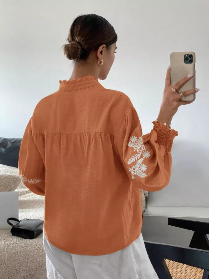 Women's Embroidered White Long Sleeve Notched Collar Blouse