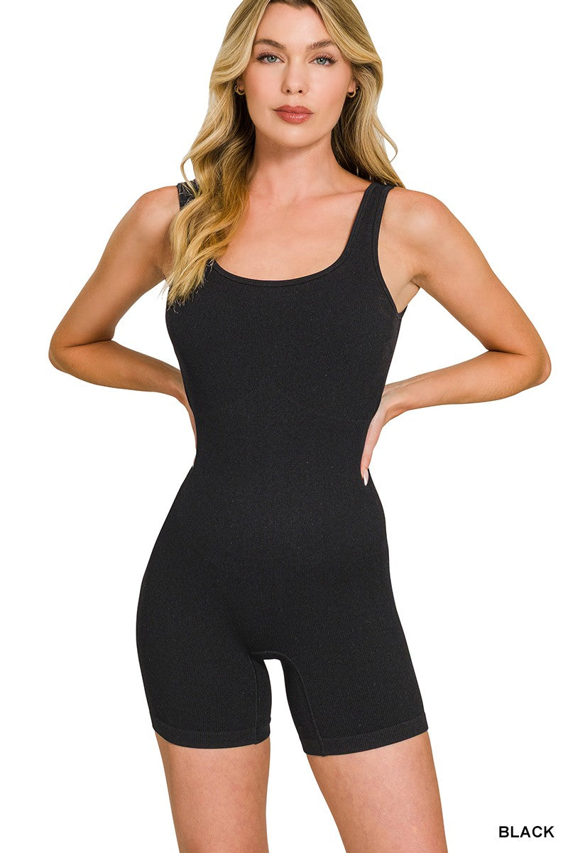 Black Ribbed Seamless Body-Contouring Tank Romper