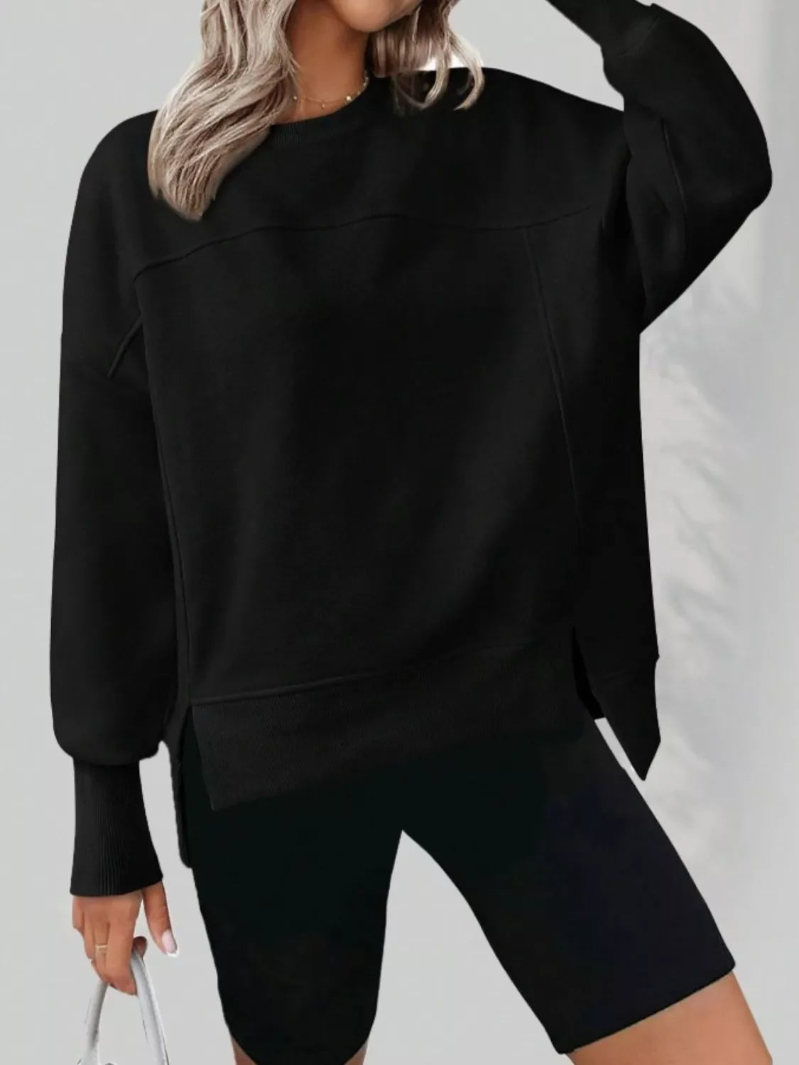 Women's Blue Side Slit Pullover Sweatshirt Long Sleeve Top