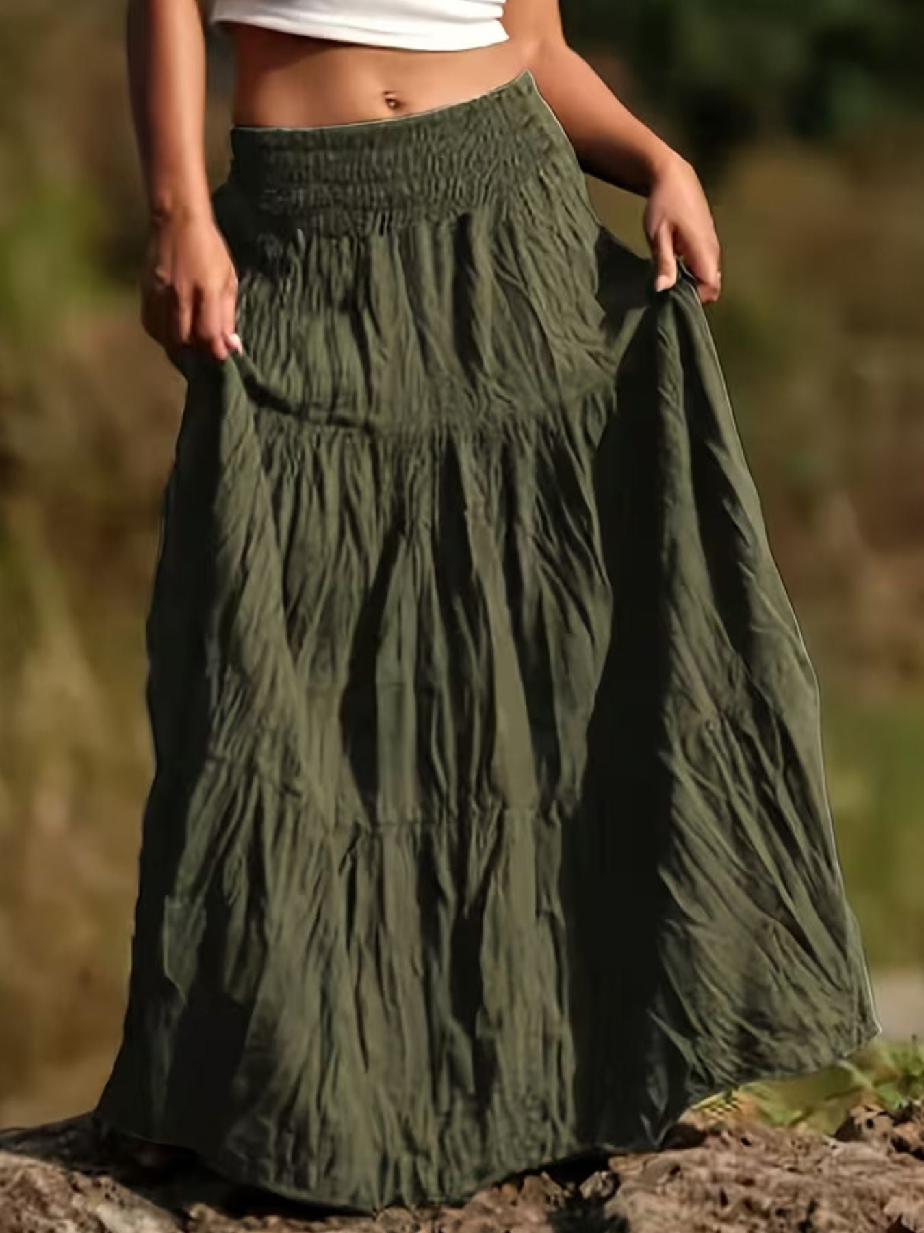 Women Ruched Tiered Maxi Skirt Bohemian Style Flowy Long Skirt