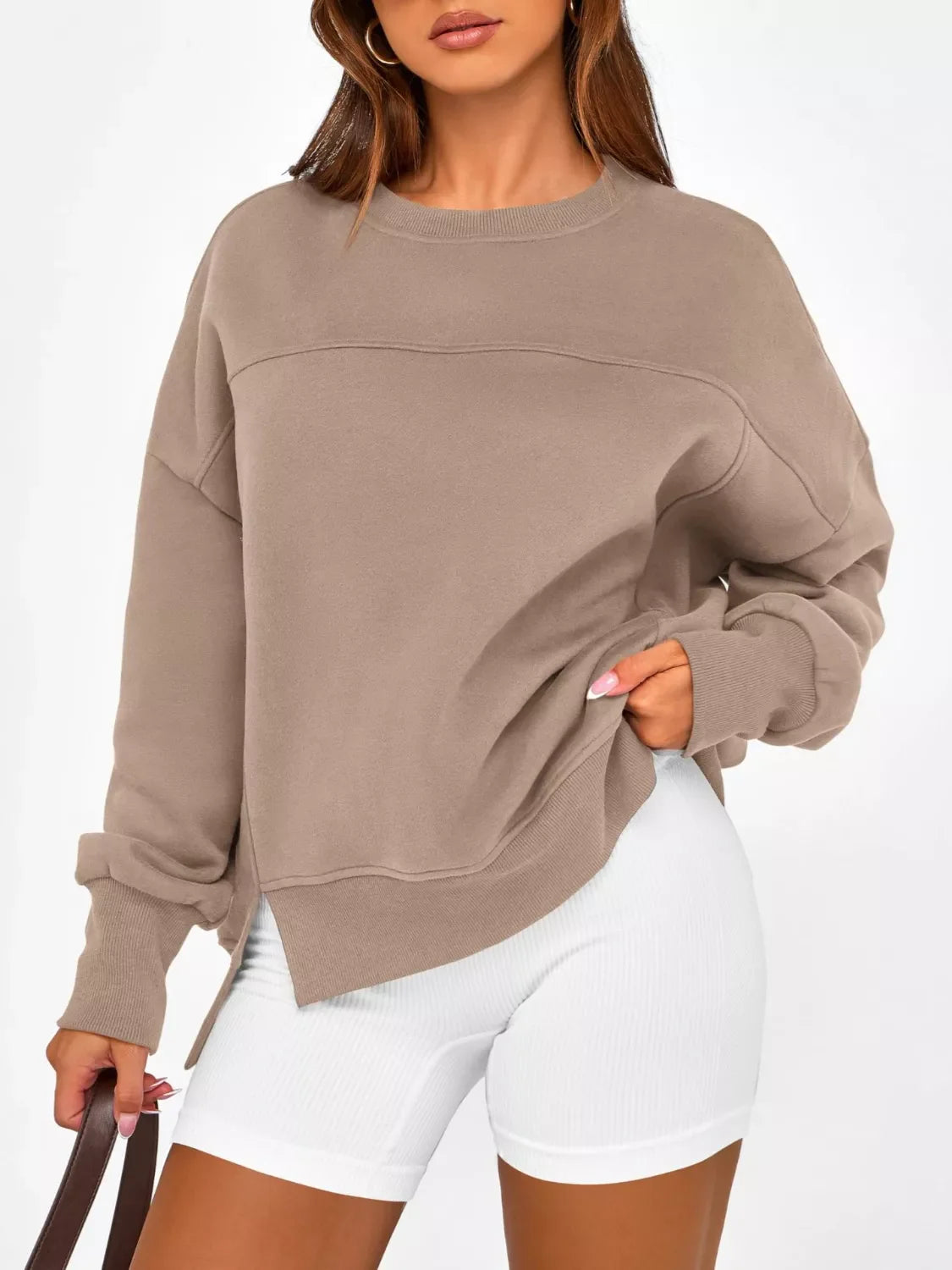 Women's Blue Side Slit Pullover Sweatshirt Long Sleeve Top