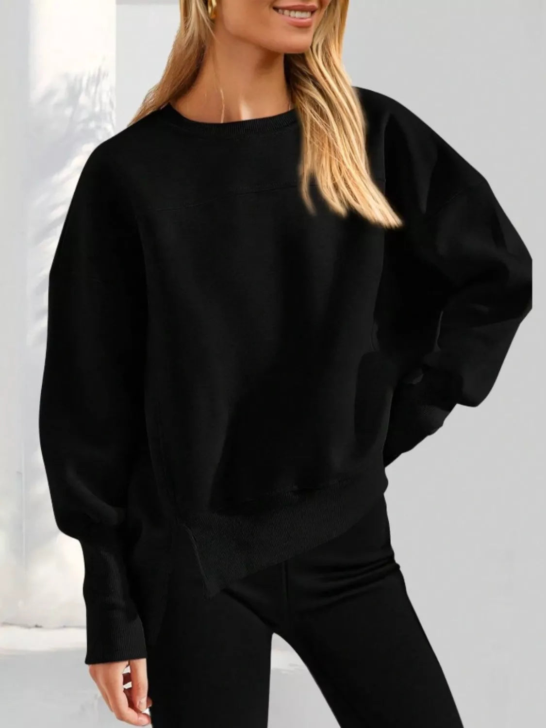 Women's Blue Side Slit Pullover Sweatshirt Long Sleeve Top