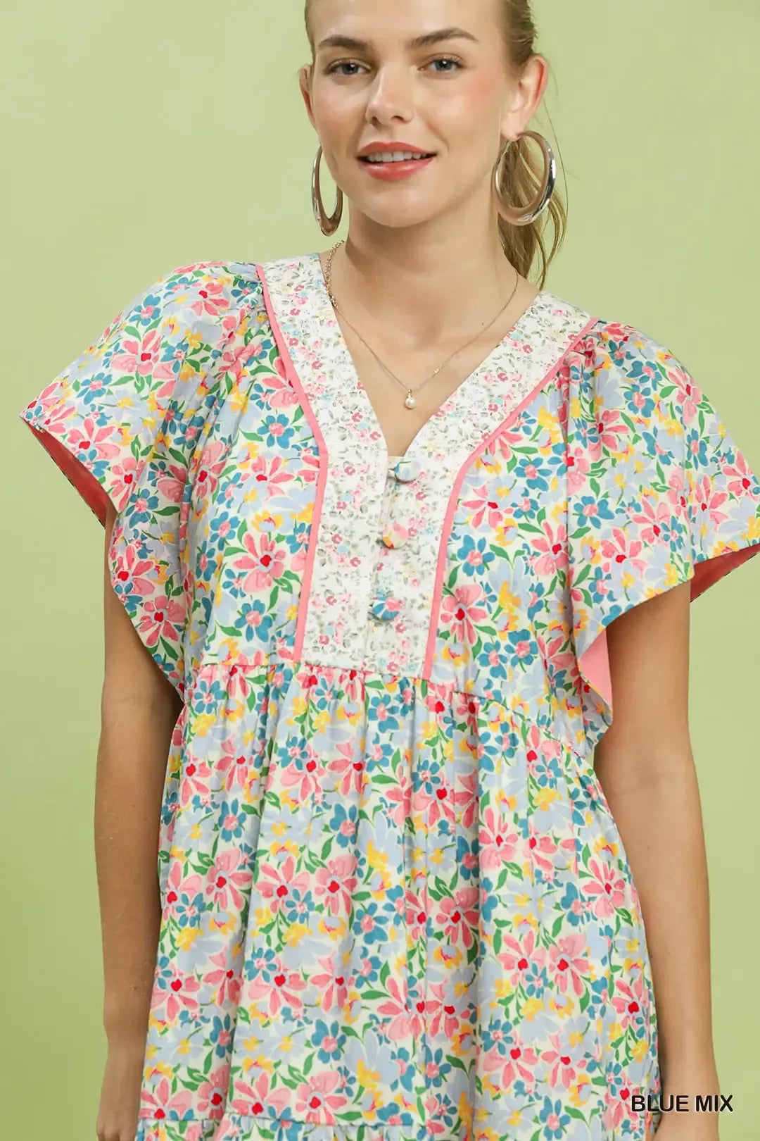 Blue Mix Floral Tiered Mini Dress with Pockets