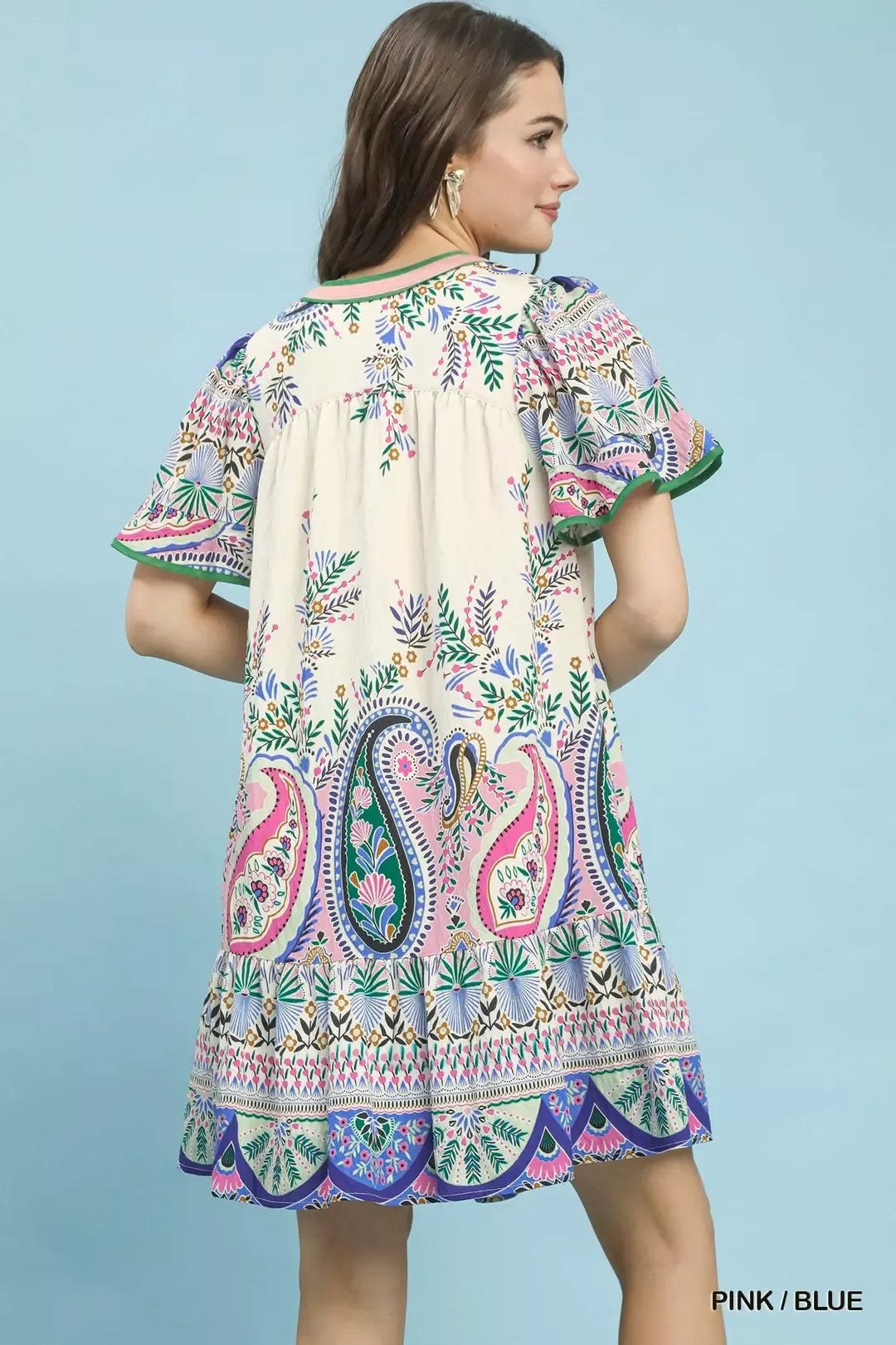 Pink and Blue Paisley Flutter Sleeve Mini Dress