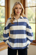 Women's Blue and White Striped Pima Cotton Long Sleeve Polo Top