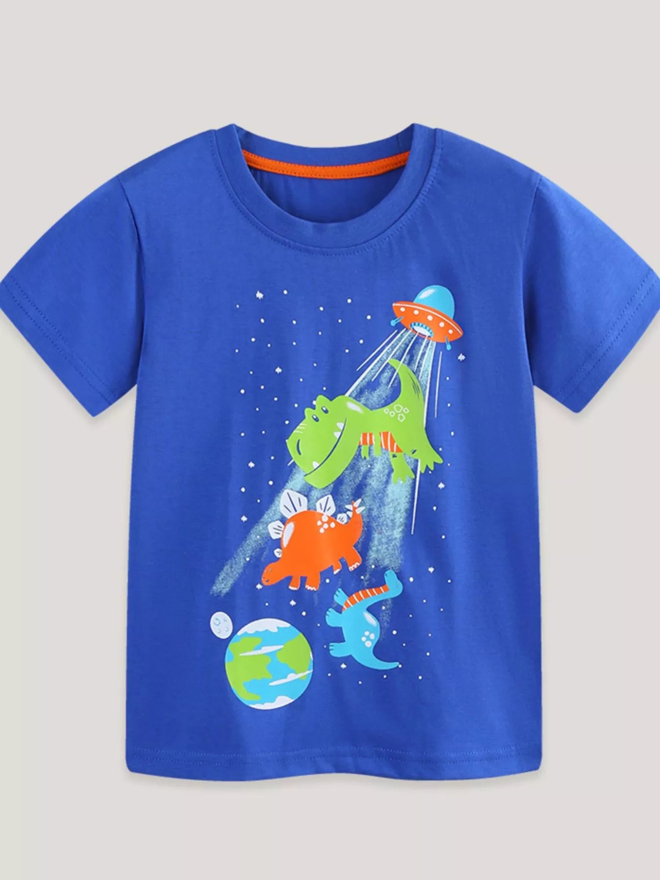 Boys Blue Short Sleeve Dinosaur and UFO Graphic Cotton T-Shirt
