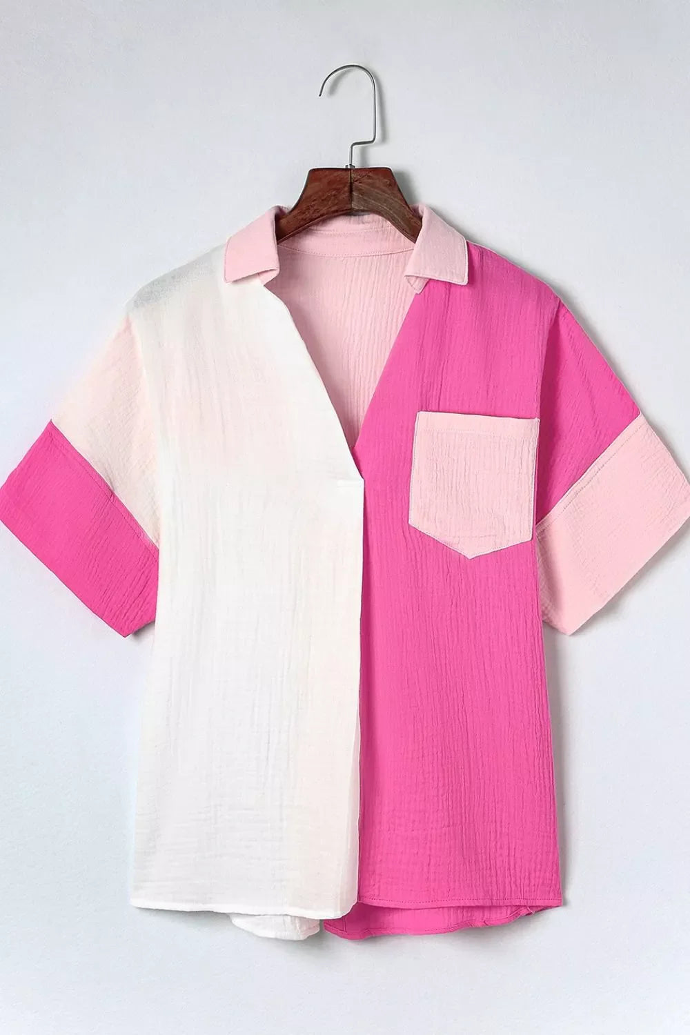 Color Block Casual Cotton Button Down Shirt in Pink and White