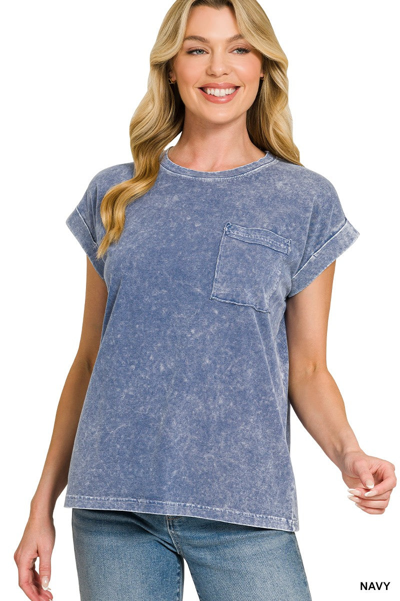 Navy Snow Washed Cuffed Sleeve Pocket Tee