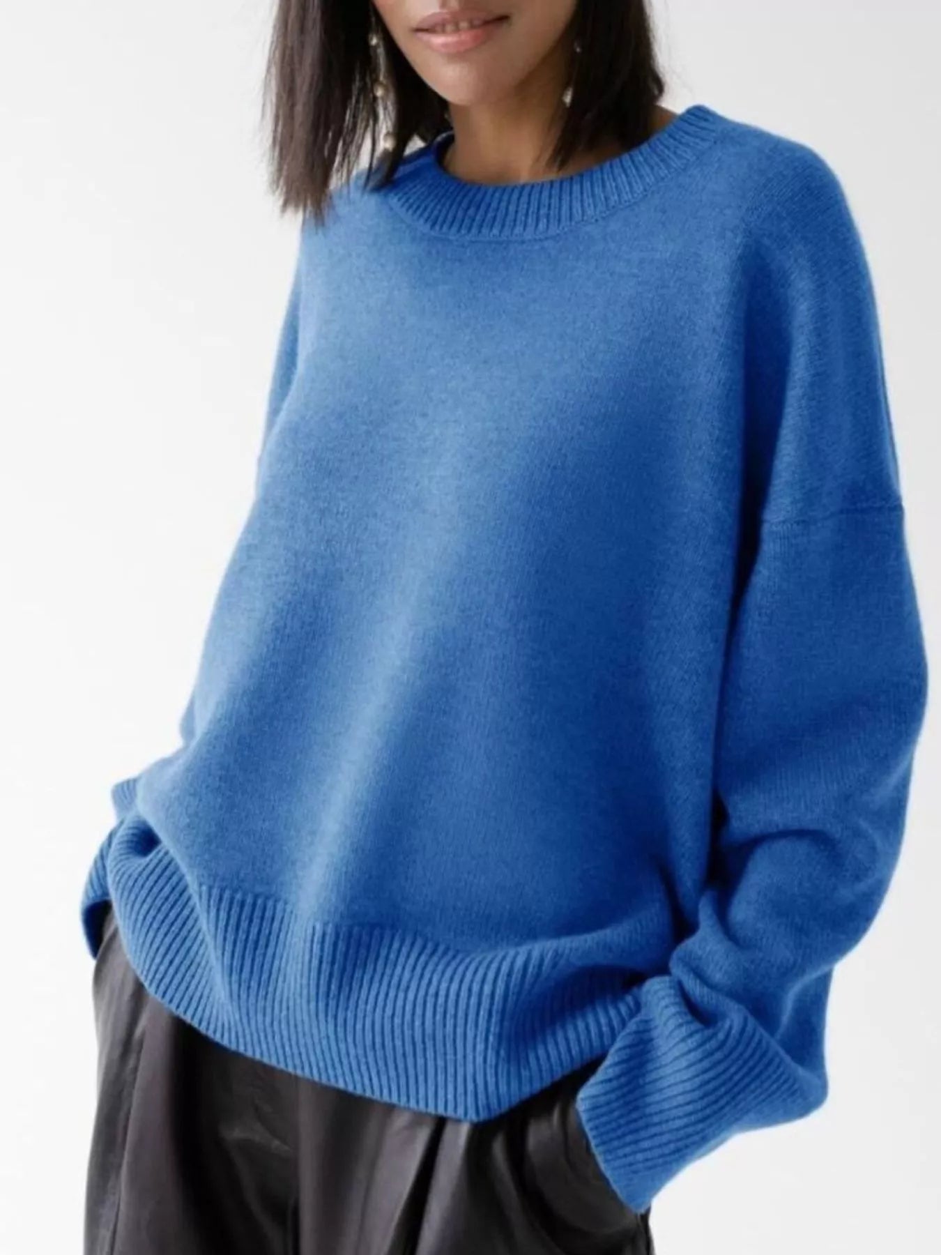 Women's Royal Blue Round Neck Ribbed Hem Long Sleeve Sweater