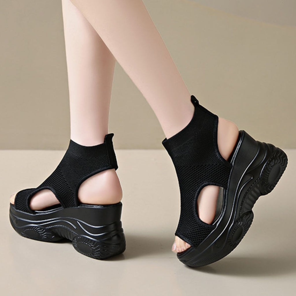 Women's Cutout Mesh Wedge Sandals - White & Black
