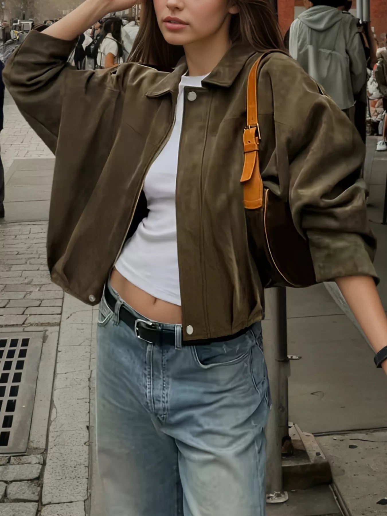 Women's Cropped Olive Green Suede Bomber Jacket