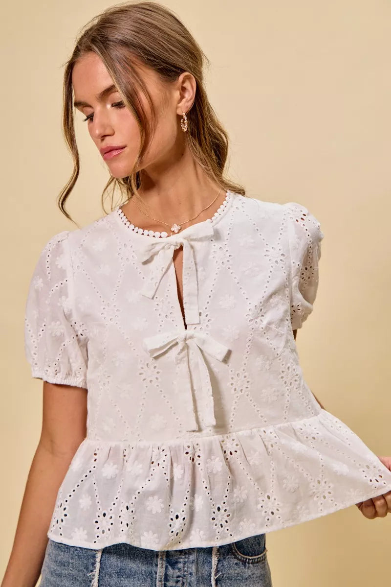 Women's Cotton Eyelet Blouse with Front Tie