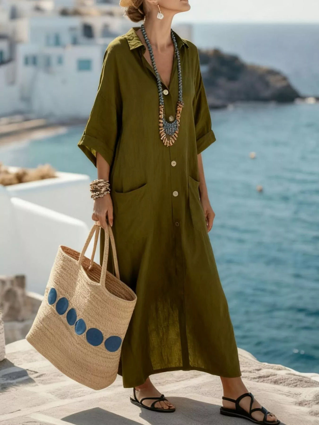 Olive Green Button Front Maxi Dress with Pocket Details