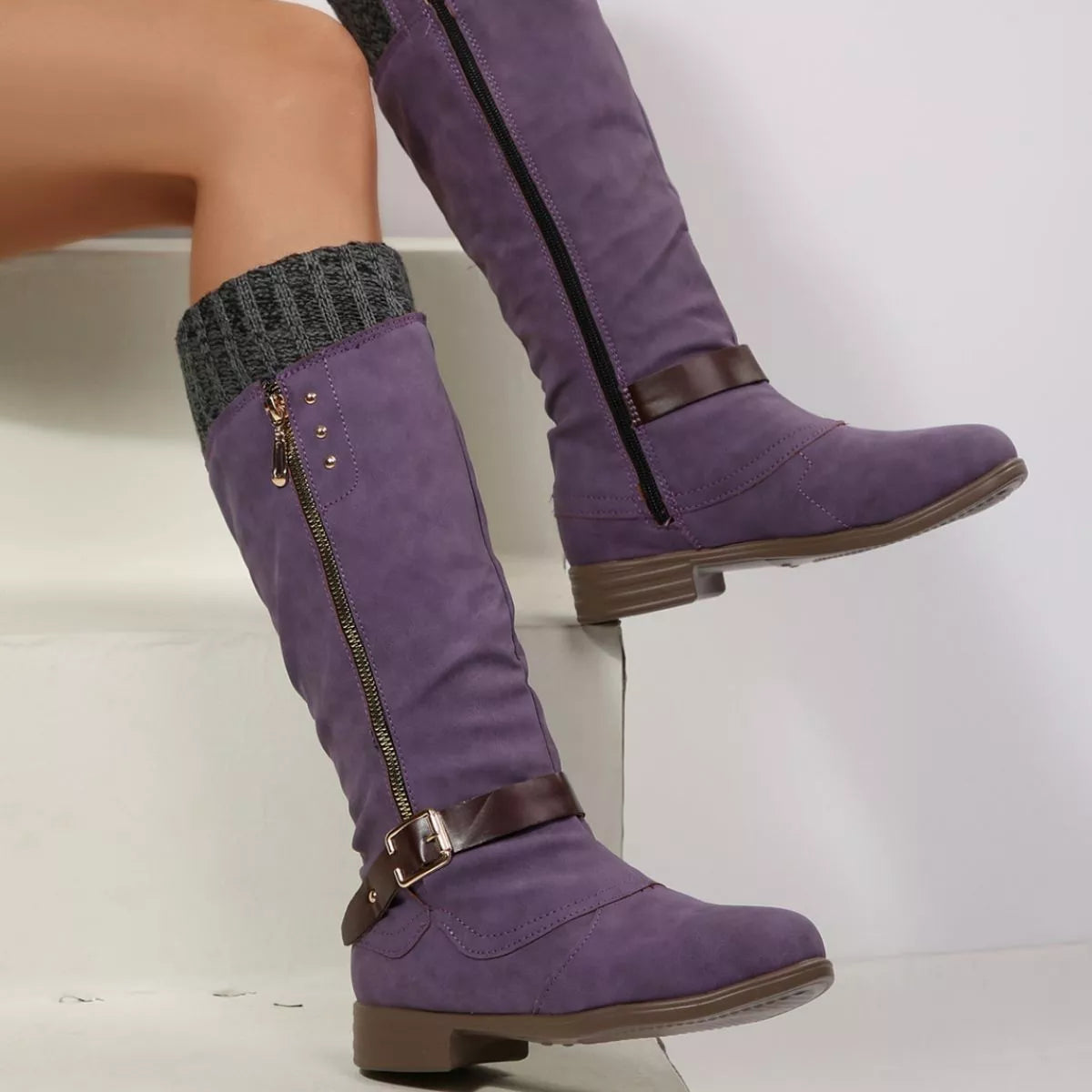 Women Black Suede Mid-Calf Boots with Knit Cuff and Buckle Detail