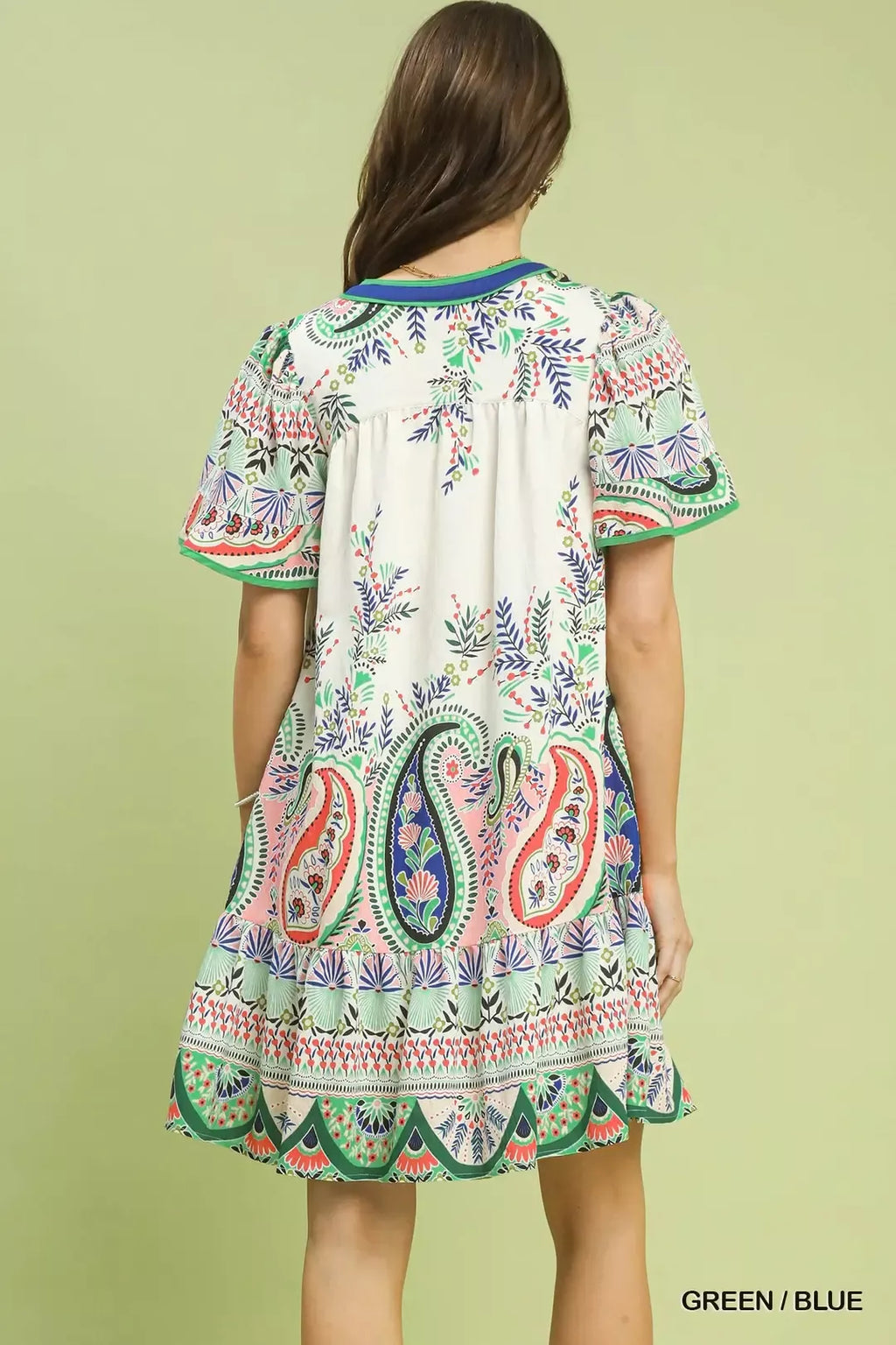 Paisley Flutter Sleeve Mini Dress in Green and Blue