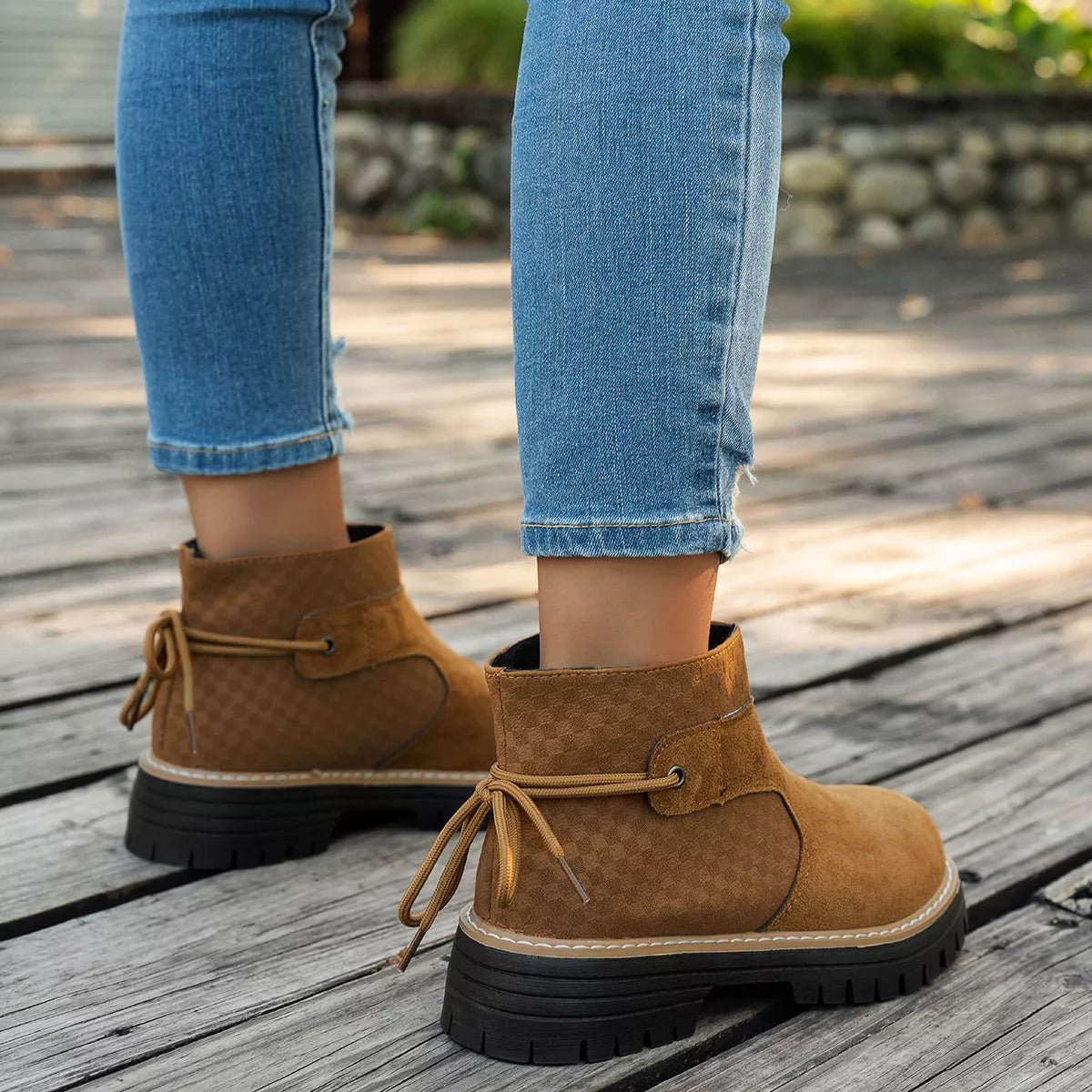 Women's Black Round Toe Platform Suede Boots with Check Detail
