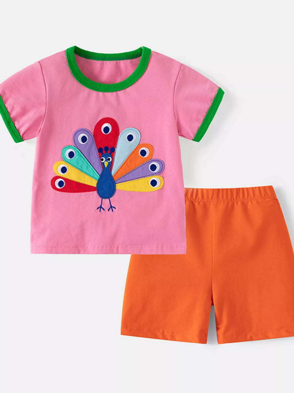 Pink Peacock Embroidered Short Sleeve T-Shirt and Shorts Set