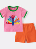 Pink Peacock Embroidered Short Sleeve T-Shirt and Shorts Set