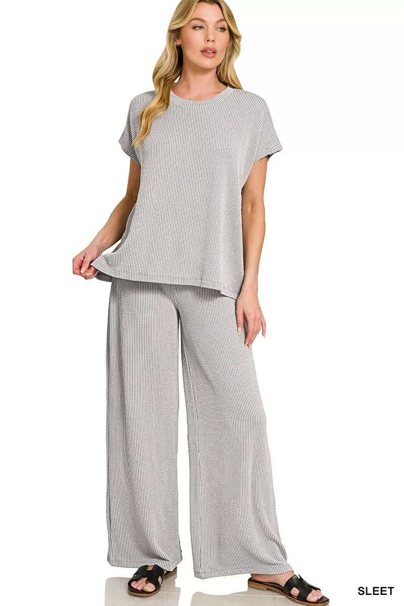 Sleet Raised Rib Relaxed Short Sleeve Top and Pants Set
