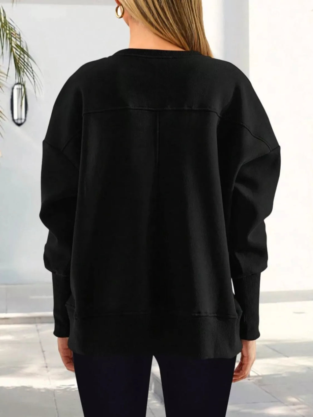 Women's Blue Side Slit Pullover Sweatshirt Long Sleeve Top