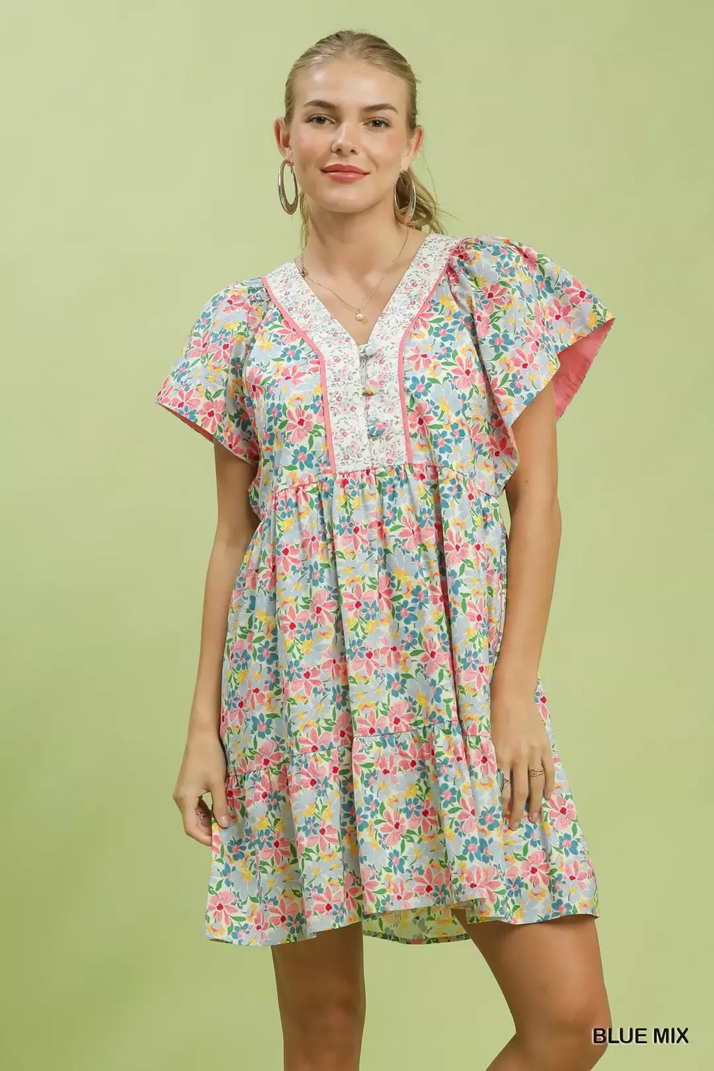 Blue Mix Floral Tiered Mini Dress with Pockets