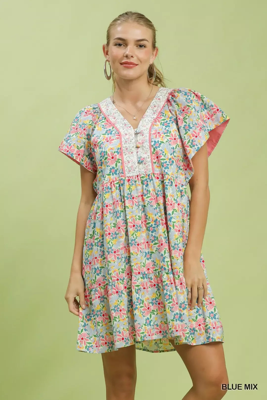 Blue Mix Floral Tiered Mini Dress with Pockets