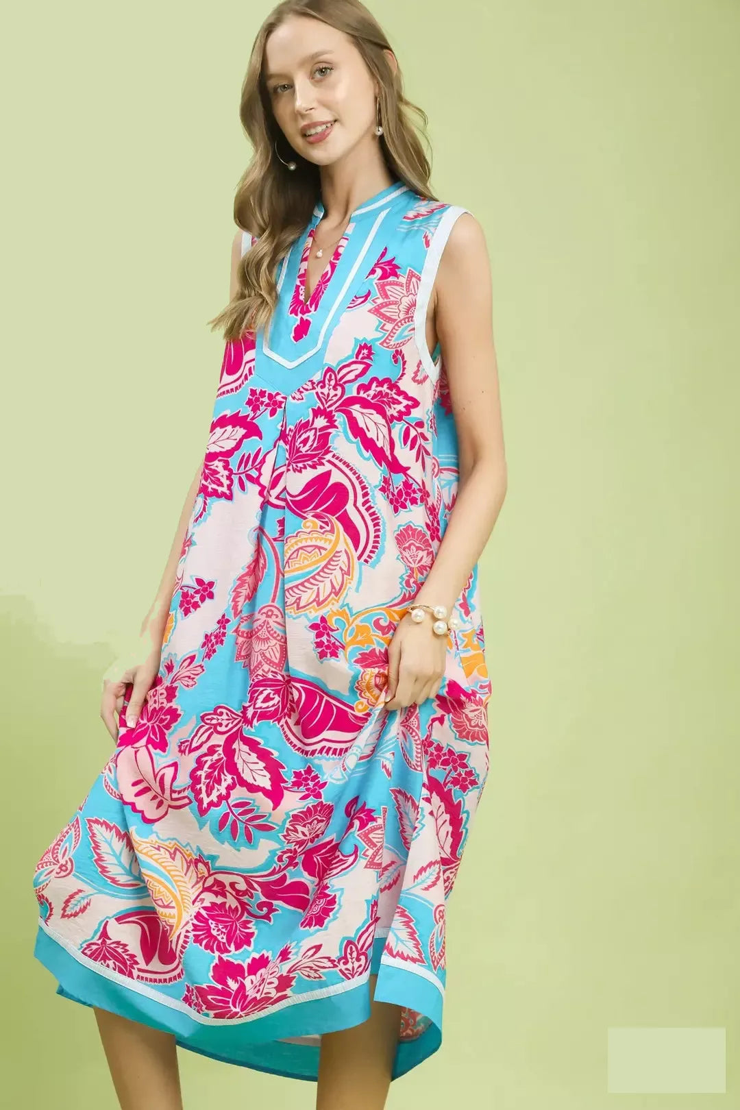 Floral Sleeveless Midi Dress with Pockets in Pink and Blue