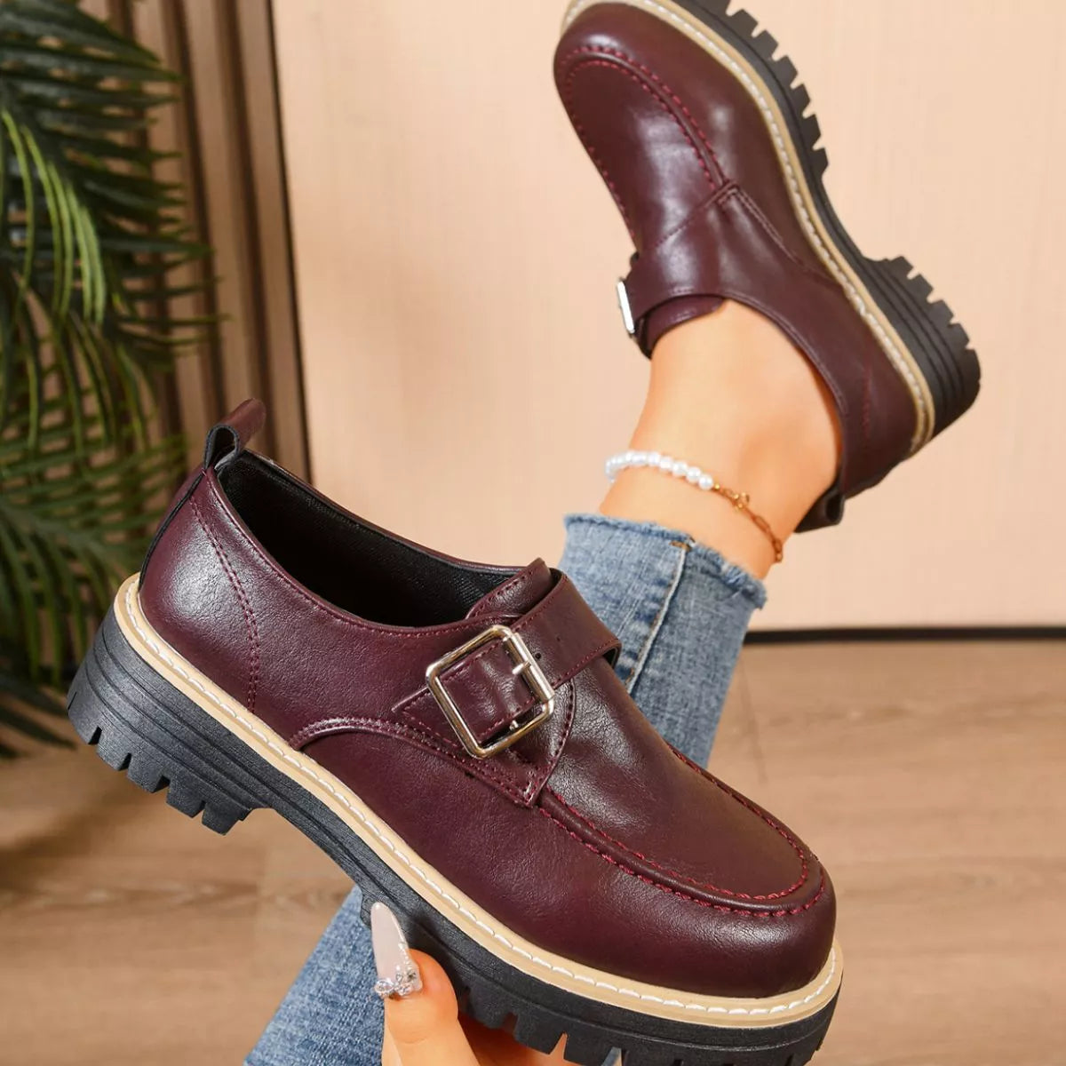 Women's Burgundy Round Toe Buckle Loafers Mid Heel Casual Shoes