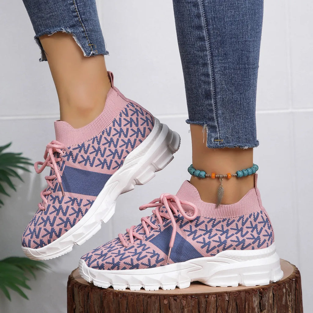 Women's Letter Print Lace-Up Sneakers with Chunky Pink Sole